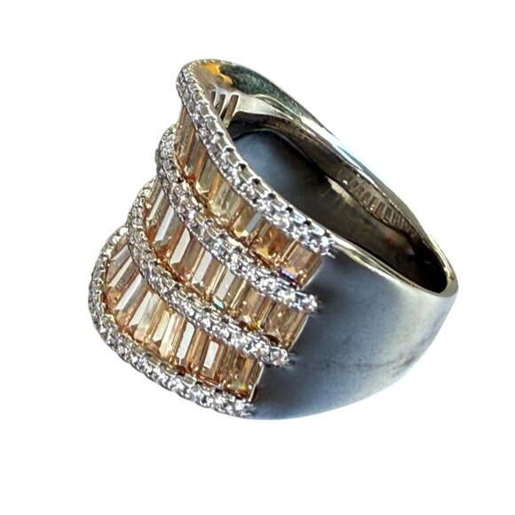 Wide Gold & Silver Tone Statement Ring With Baguette & Round-Cut Crystals 11 - Picture 5 of 8